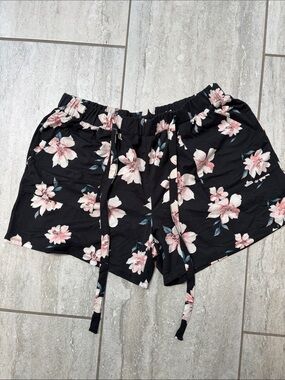 Studio Black Floral Drawstring Athletic Shorts with Pink Flowers